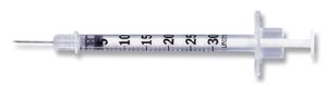 Syringe 3/10cc with Needle Insulin Lo-Dose Self-Contained U-100 Ultra-Fine Short 8mm (100/BX 5 BX/CS) by BD  ID 328438